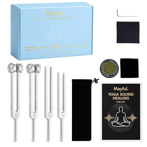 Tuning Forks for Healing Set - 128Hz 136Hz 256Hz 384Hz with Activator Weighted & Unweighted Sound Tools for Chakra Balance Yoga Meditation Includes Velvet Pouch & Cleaning Cloth