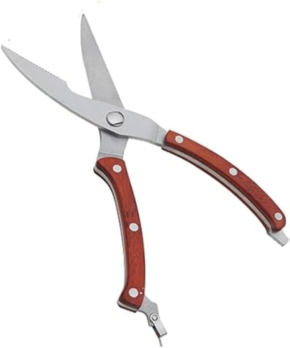 KITQO Heavy Duty Stainless Steel Kitchen Shears Premium Spring Loaded Food Scissors with Non-Slip Handle and Safety Lock, for Cutting Bone, Chicken, Meat, Fish, Seafood & Vegetables, Wooden
