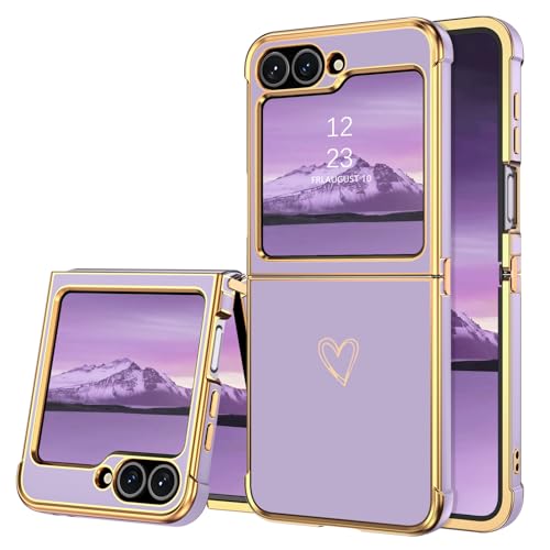 BENTOBEN for Samsung Galaxy Z Flip 6 5G Case, Cute Heart Luxury Gold Plating Slim Flexible TPU Bumper Protective Galaxy Z Flip6 Cover, Women Girls Phone Case for Samsung Z Flip 6 6.7'',Purple
