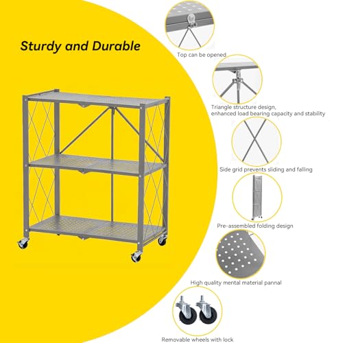 Image of BRIAN & DANY 3-Tier Foldable Storage Shelves with Wheels, No Assembly Folding Shelf Metal Rack, Shelving Unit for Kitchen, Garage, Gray