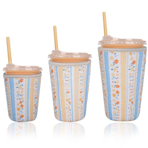 Image of Reusable Insulated Sleeve for Iced Coffee Cup, 3-Pack Coffee Neoprene Drink Sleeve for Cold & Hot Drinks, Beverage Holder for Iced Coffee (Meadow Panels)
