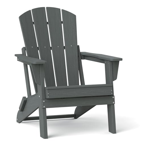 Image of Folding Adirondack Chair, Lightweight & Portable HDPE Patio Chair, All-Weather Space-Saving Foldable Fire Pit Seating for Camping, Backyard, Deck-Grey