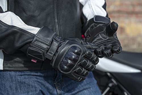 Noru Kabon Leather Gauntlet Motorcycle Glove - Waterproof Touring Glove With Thermo-Set Carbon Knuckle And Touchscreen Compatible Fingertip #TOP7