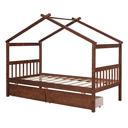 Twin Size House Bed With 2 Storage Drawers Wooden Kids Montessori House Bed Frame Wood Playhouse Tent Bed For Girls Boys Teens, Walnut #TOP7