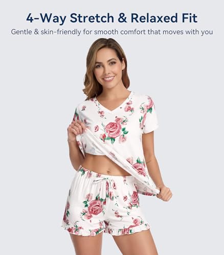 Image of WiWi Womens Pajamas Set Bamboo Viscose Super Soft Short Sleeve Top Ruffle Shorts Sleepwear Cooling Pj Sets S-XXL