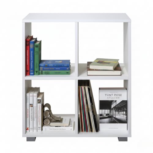 MAKA Libreria Scaffale per Soggiorno 4 Ripiani Scaffalatura Portaoggetti Libri Svuotatasche in Legno con Rivestimento Laminato Verticale Orizzontale Mobiletto Cucina Ufficio Studio (Bianco, Leonardo)