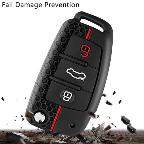 HooRLZ Audi TPU Key Fob Cover for A1 A3 S3 A4 S4 RS4 A6 S6 RS6 Q3 Q5 Q7 TT R8 Seat Exeo - 3 Button Protection, Silicone - Black/Red