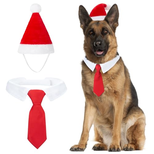 MELLIEX 2 Stück Weihnachten Hundekostüm, Hunde Katzen Weihnachtsmützen und Krawatte Weihnachtskostüm Zubehör Set für Haustier(56cm