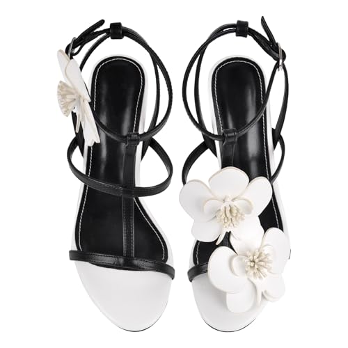 Richealnana Women's Flower T-Strap Round Toe Ankle Strap With Buckle Stiletto High Heel For Wedding Party Prom Bridal Sandals4
