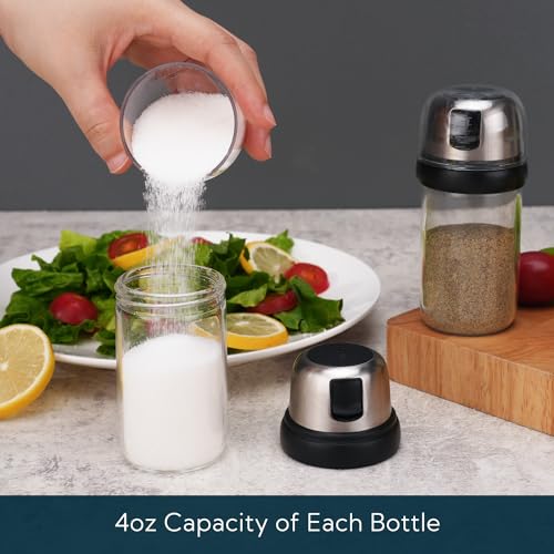 Image of KITCHENDAO 2 in 1 Glass Salt and Pepper Shaker Set with Side Pour Spout,Built-in Lid to Slow Down Danmpness with Mearsuring Marks,(Black)