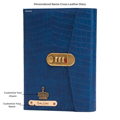 Image of AICA Personalized Name & Charm Leather Lock (Navy Blue) Diary � A5 Size 230 Pages with Combination Lock for Men & Women | Customized Planner Diaries Office Gift Items for Man Husband Father Brother