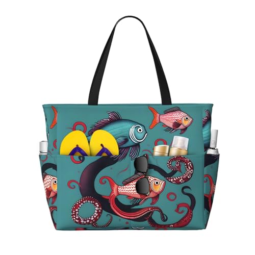 Large Capacity Beach Bag Waterproof Pool Tote for Gym Swimming Camping Carry On Bag Fish and Octopus Print