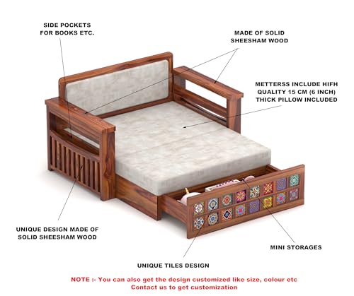 Image of Solid Wood Sofa Cum Bed with Decorative Tile Design | Modern Pull-Out Wooden Diwan Bed with Cushioned Seating | Convertible 2 Seater Sofa Bed for Living Room (Honey Finish)