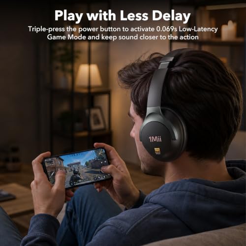 Image of 1Mii Hybrid Active Noise Cancelling Headphones for Gaming & Airplane Travel | Wireless Bluetooth 6.0 Over‑Ear Headset, Deep Bass, Custom EQ via APP, Hi‑Res Audio, 100H Playtime, Comfort Fit for Office