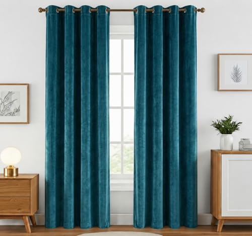 Image of Amazon Brand - Solimo Velvet Curtain Set of 2 (52x108 Inch) Plain Door & Window Curtains for Living Room & Bedroom |75% Light Blocking, Eyelet Curtains for Home Decor in Teal Color (4 feet x 9 feet)