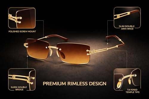 Image of FAVELA Premium Rimless Rectangular Sunglasses for Men & Women | Gold Tinted Luxury Eyewear | Lightweight Metal Frame | UV400 Protected Stylish Goggles | Medium Size
