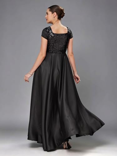 Image of Miss Chase Women's Round Neck Sleeve Embellished Fit Flare Maxi Dress