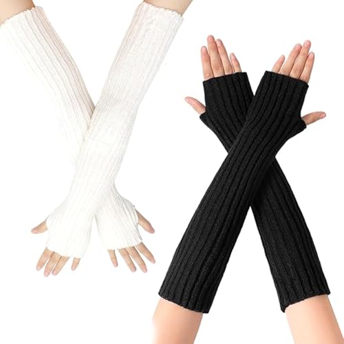 PSFXBM 2 Pairs Knitted Long Sleeve Arm Warmers, Fingerless Long Gloves, Soft Stretchy Fingerless Gloves Arm Warmers Long Gloves, Fashion Arm Warmers with Thumb Hole for Women, Men