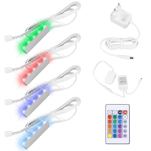 Vitrinenbeleuchtung 4er Set LED Glasbodenbeleuchtung Inklusive 12V Netzteil mit Clip RGB Fernfarbwechsel Glaskantenbeleuchtung für Vitrine Tisch und Regal Dimmbare Beleuchtung
