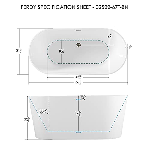 Ferdy Shangri-La 67"X32" Freestanding Acrylic Soaking Oval Bathtub With Brushed Nickel Drain & Integrated Slotted Overflow, Glossy White #TOP4