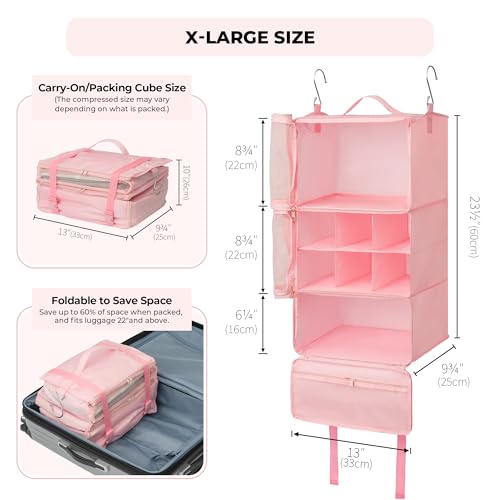 GRANNY SAYS Hanging Packing Cubes for Travel, Large Portable Hanging Suitcase Organizer, Foldable Compression Luggage Organizer Bags for Clothes, Carry on Closet Suitcase, XL-Pink Travel Shelves - Thumbnail 2