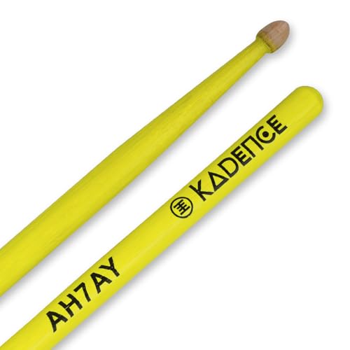 Image of Kadence AH7AY Touring Series Neon 7A Drumsticks | Premium American Hickory Wood | Acorn Tip with Smooth Matte Finish | Includes Protective Plastic Case | Yellow
