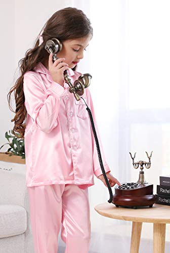 Image of Pajamas Kid Unisex Pjs Set Girls Boys Silk Pajamas Set Satin Long Sleeve 2 Piece Clasic Sleepwear for 2-12 Years Todder