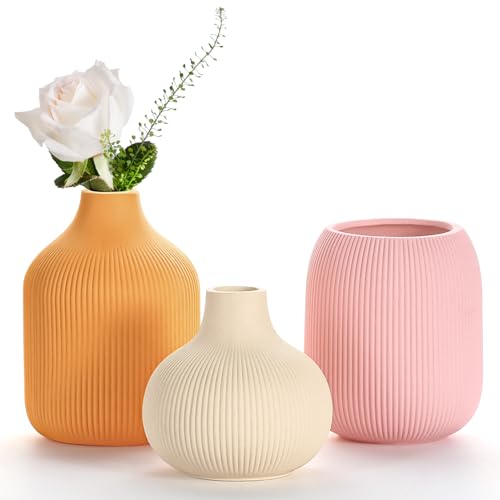 Dnnnii Juego de jarrones de cerámica pequeños de 3 Piezas, Coloridos, Minimalistas, con diseño de Ranuras, decoración de transición compacta para salón, Dormitorio, Oficina (Juego de cerámica de 3