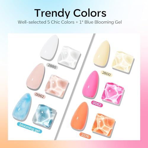 Image of Modelones Gel Nail Polish Set, 6 Colors 2026 Summer Clear Blue Blooming Gel Polish Creamy White Pastel Yellow Pink Orange Nude Jelly Nail Polish W Flower Stickers & Liner Nail Brush LED DIY Gift