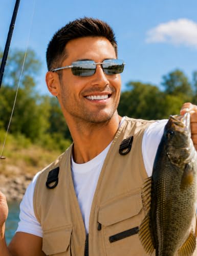 Image of BIRCEN Mens Polarized Sunglasses for Driving: Rimless UV Protection Sun Glasses with Al-Mg Frame for Fishing Traveling Golf
