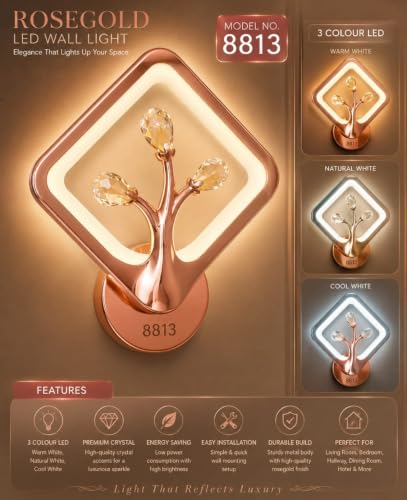Image of Rose Gold LED Wall Light for Home Decor | 3 Color Changing Crystal Wall Lamp with Warm, Neutral & Cool White Modes | Modern Decorative Luxury Sconce for Bedroom, Living Room & Bedside