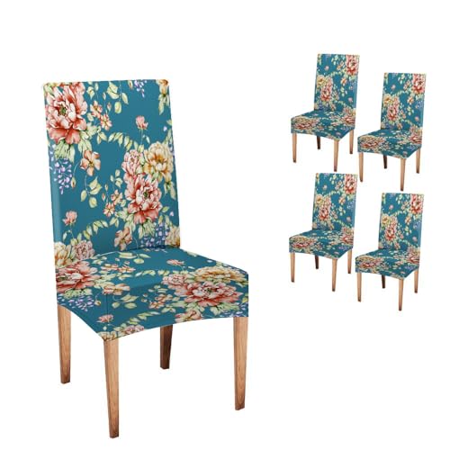 capsceoll floral redand yellow on a turquoise color dining chair covers set of 4,stretch parsons chair slipcovers universal removable washable chair seat covers protector for dining room,kitchen of4,stretch