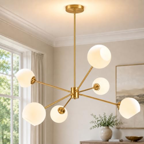 KoKo&Yukina 6-Light Sputnik Chandelier Gold Sputnik Chandeliers Modern Mid Century Globe Pendant Light Gold Finished with Milky White Globe Glass Lampshade for Bedroom Kitchen Living Room