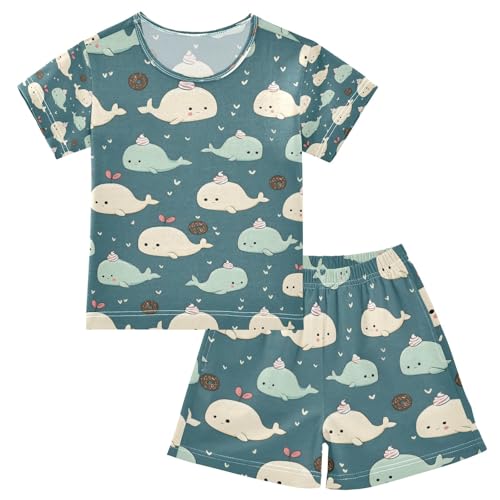 senya Blue Cute Whale Donut Summer Pajamas Set Short Cotton Sleepwear 2 Piece