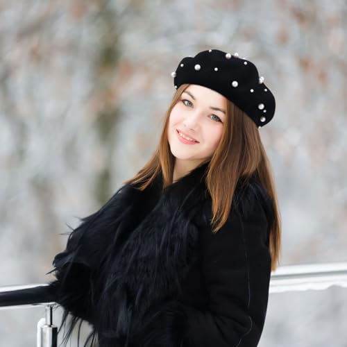 Black Beret Hats for Women Classic Pearl Wool French Beret Hat for Women Girls Elegant Winter Accessory