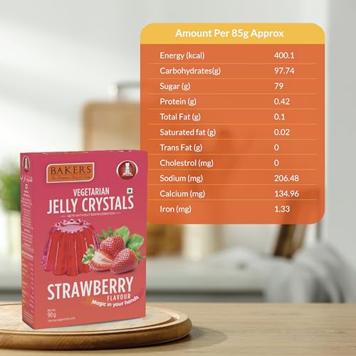BAKERS Jelly Crystals | Strawberry Flavour | 100% Vegetarian | Berrylicious & Exotic Taste | Authentic Flavors | Tasty Instant Dessert Premix | Long Shelf-life | Pack of 3 (90 gm x 3)