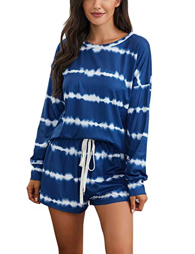 ZETIY Women\'s Pajamas Set Tie Dye Striped Long Sleeve Tops with Shorts Sleepwear Loungewear (XL, Blue)