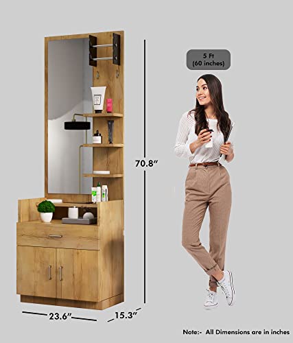 Image of Bniture Wooden Dressing Table for Bedroom with 1 Drawer, Mirror and Huge Storage Space | Long Dresser Vanity Table with Mirror (42D x 60W x 180H CM) | 1 Year Warranty (Giant Wood, HXDR103)