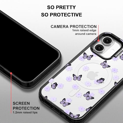 MOSNOVO Magnetic Case for iPhone 16, 10ft Military-Grade Protection, Compatible with Magsafe, Shockproof Phone Case for iPhone 16 - Lilac Butterfly - Clear Black by MOSNOVO - Image 4