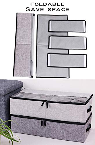 AARAINBOW 2 Packs Foldable Under Bed Shoes Organizer with Lids, Underbed Clothes Storage Container with Divider, UnderBed Storage Bins Box with Clear Window (Gray+Coffee)