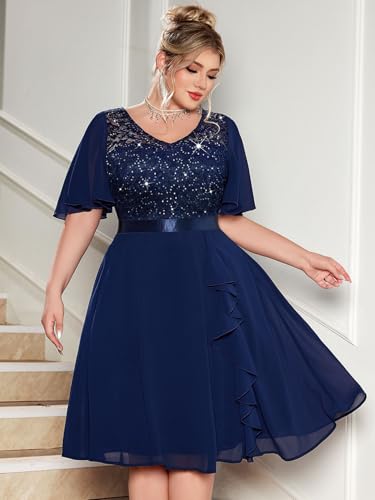 MISSMAY Women's Plus Size V-Neck Sequin Floral Lace Ruffle Style Cocktail Dress for Wedding Guest4