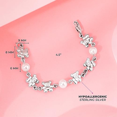 In Season Jewelry 925 Sterling Silver 4.5" Teddy Bear & Simulated Pearl Bracelet for Baby Girls & Toddlers - Cute Small Bears Charm Bracelet for Little Girls - Fun & Safe Baby Bracelet3