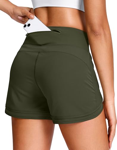 Soothfeel Womens Running Shorts High Waisted Quick-Dry 3 Inch Gym Workout Athletic Shorts for Women with Zipper Pocket(Army Green, M)