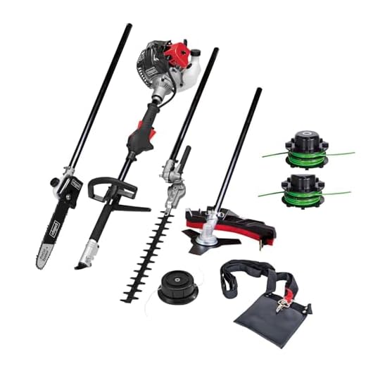 Scheppach Benzin Motorsense MFH5200-4P (1,8 PS, 4in1 Multitool für Garten - Rasentrimmer, Heckenschere, Hochentaster, Kettensäge, 250mm Schwert/Kette, schwenkbar) inkl. 2 Tricord Fadenspulen