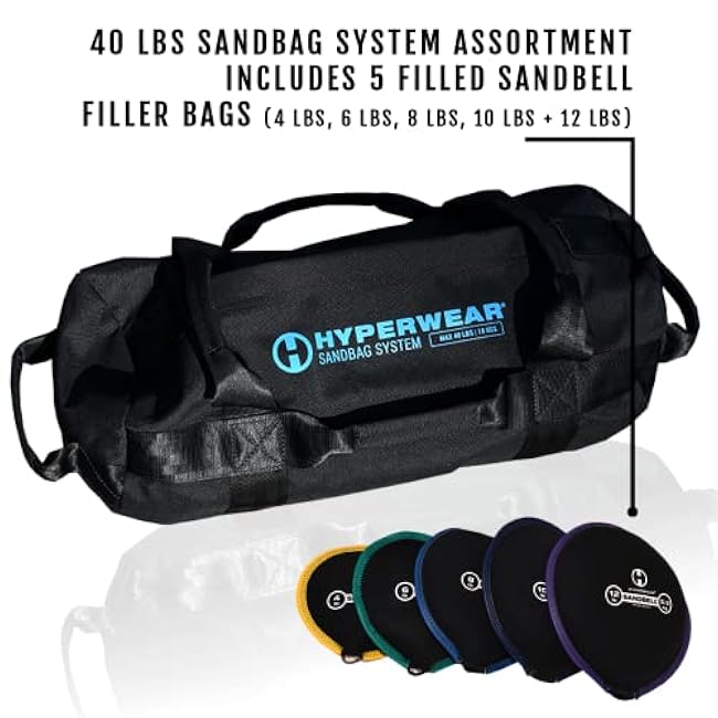 HYPERWEAR Adjustable Sandbag System, Heavy-Duty with Handles & Pre-Filled SandBell Filler Sandbags (25, 40, 80, 160 lbs)
