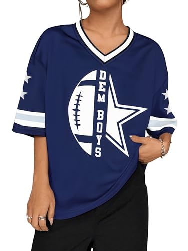 Jersey Shirts for Women Football Fans Tshirt Game Day Graphic Tees Sunday Funday Shirts V Neck Y2k Streetwear Tops Cowboy Blue