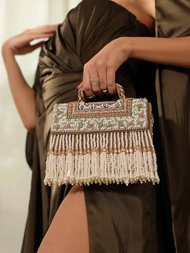 Image of THE TAN CLAN Kiara Beige Flap Over Bag Clutches for women Purses Luxury Evening Handbags for ladies with Handle
