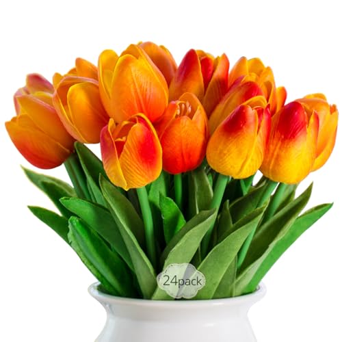 FODFULS 24Pcs Artificial Tulips,artificial flowers，Suitable for Wedding Bouquet，Home decor，Birthday Parties and Garden Decorations. (24, Orange)