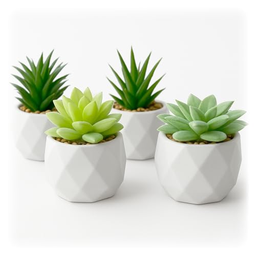 Fake Plants Set of 4 - Artificial Succulent Plants in Mini Ceramic Pots Small Faux Plants for Indoor Decor Realistic Greenery for Shelf Desk Bathroom Bedroom Living Room & Office