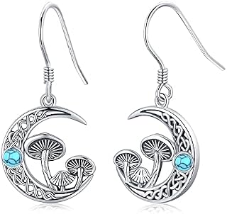 Mushroom Earrings Sterling Silver Moonstone/Turquoise Celtic Moon Dangly Drop Earrings Mushroom Gifts for Women Hypoallergenic Jewellery for Girls Christmas